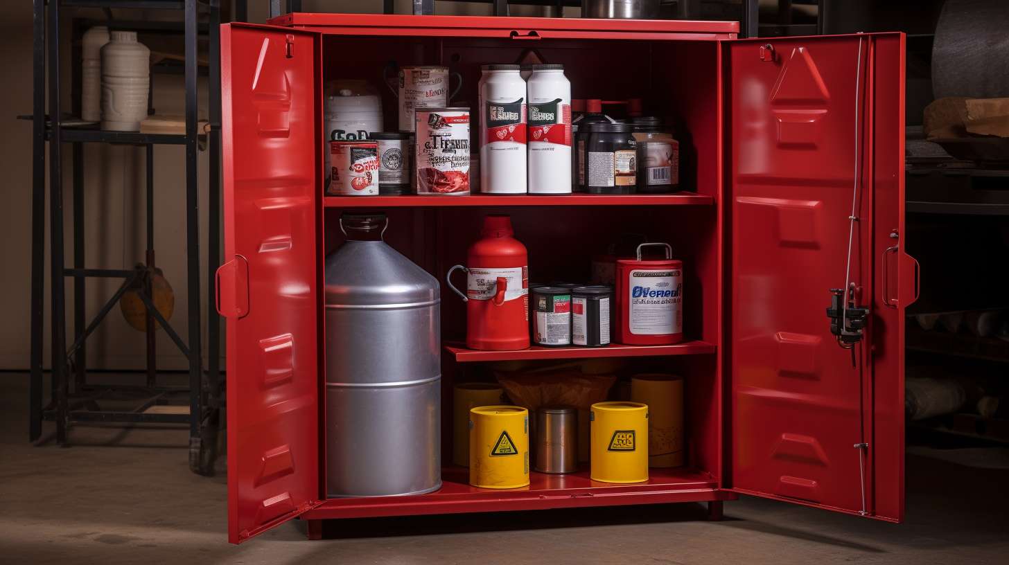 A sturdy metal storage cabinet with adjustable shelves to safely store camping propane tanks. A labeled fire extinguisher is nearby, along with a well-ventilated area and a clear no smoking sign.