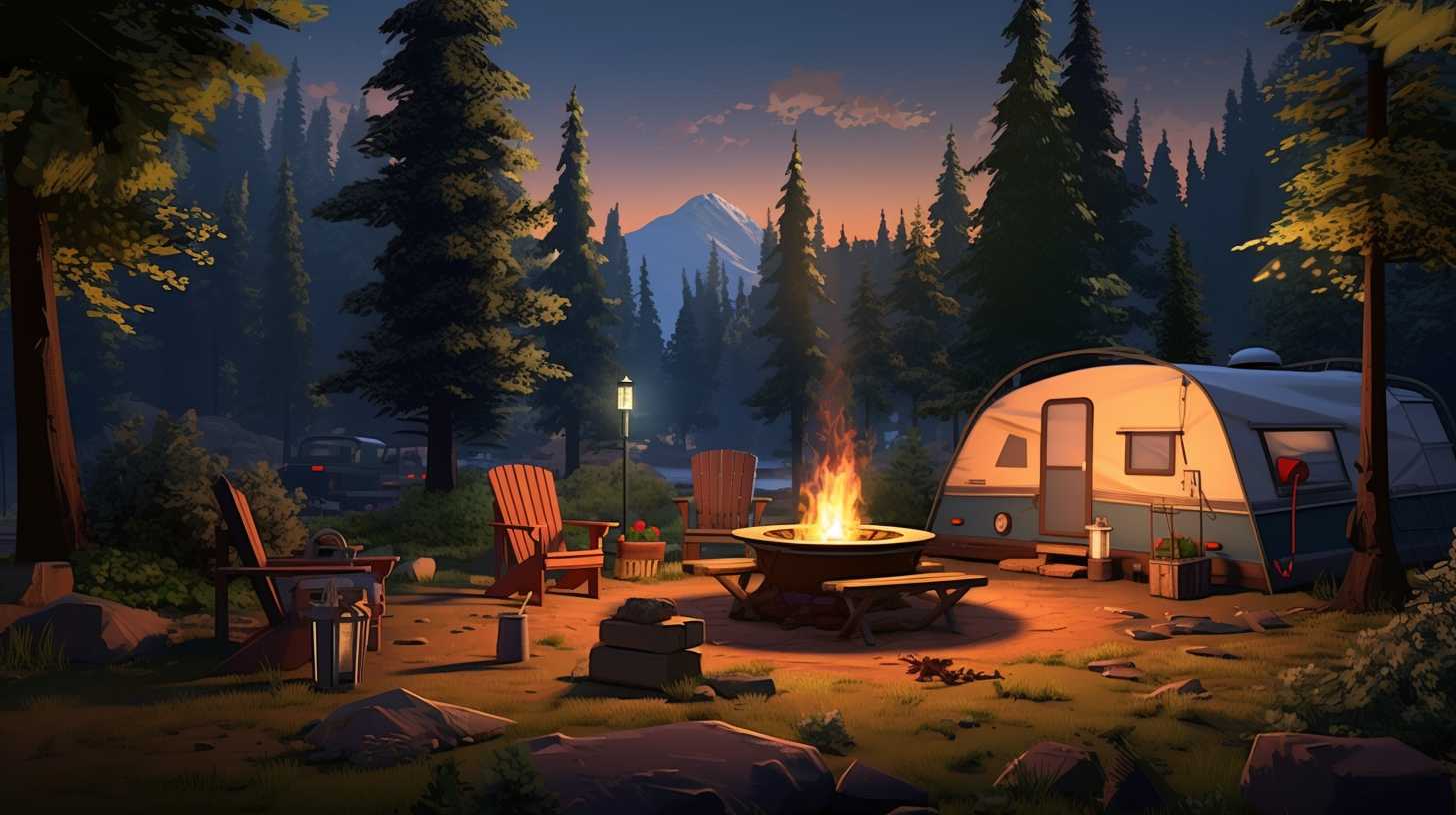 A cozy campsite nestled amidst lush pine trees, with a crackling campfire and neatly organized collection of camping propane tanks, suggesting various creative uses.