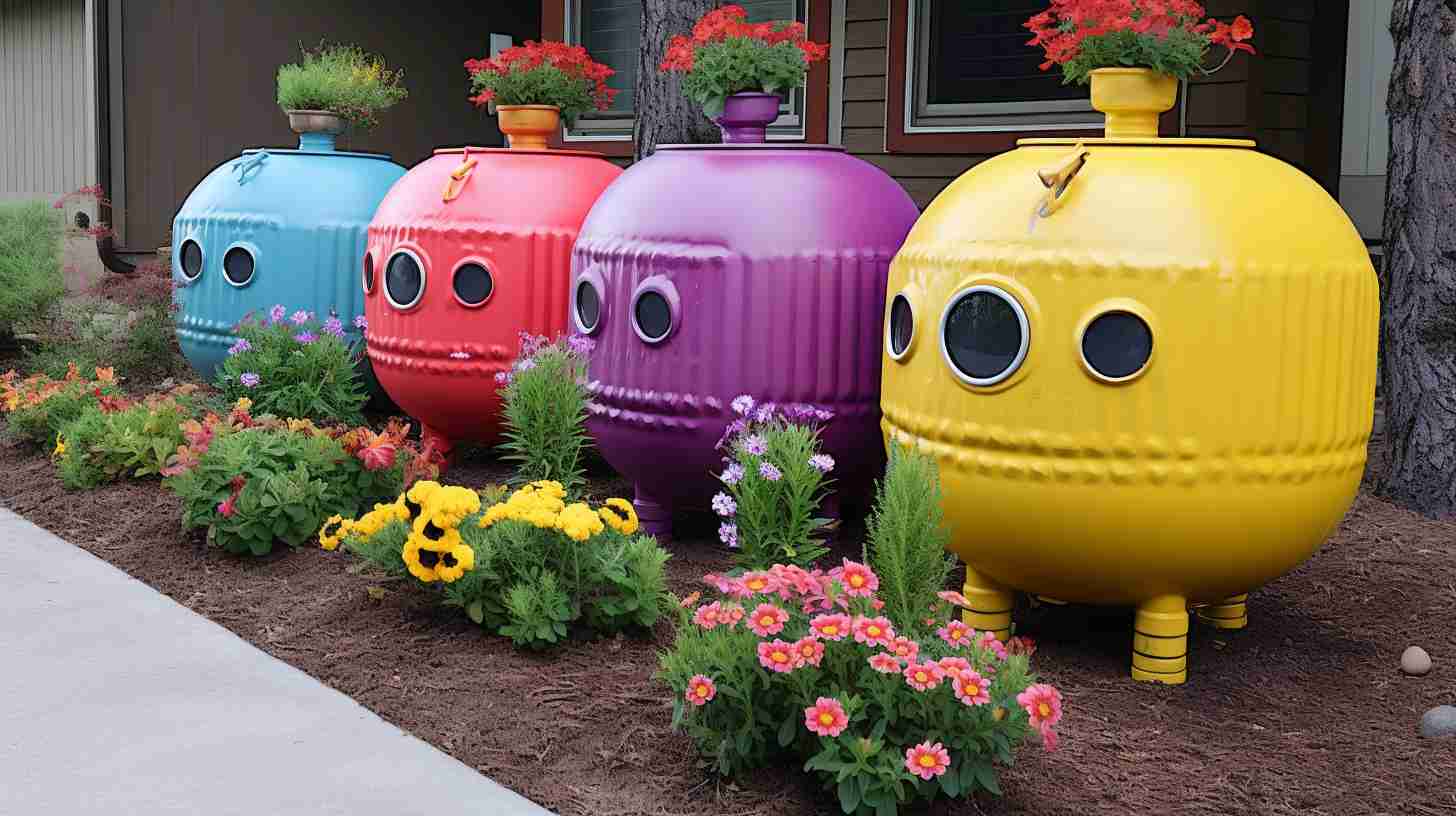 A vibrant garden with colorful flowers blooming from repurposed camping propane tanks turned into unique planters, adding creativity and sustainability to the outdoor space.