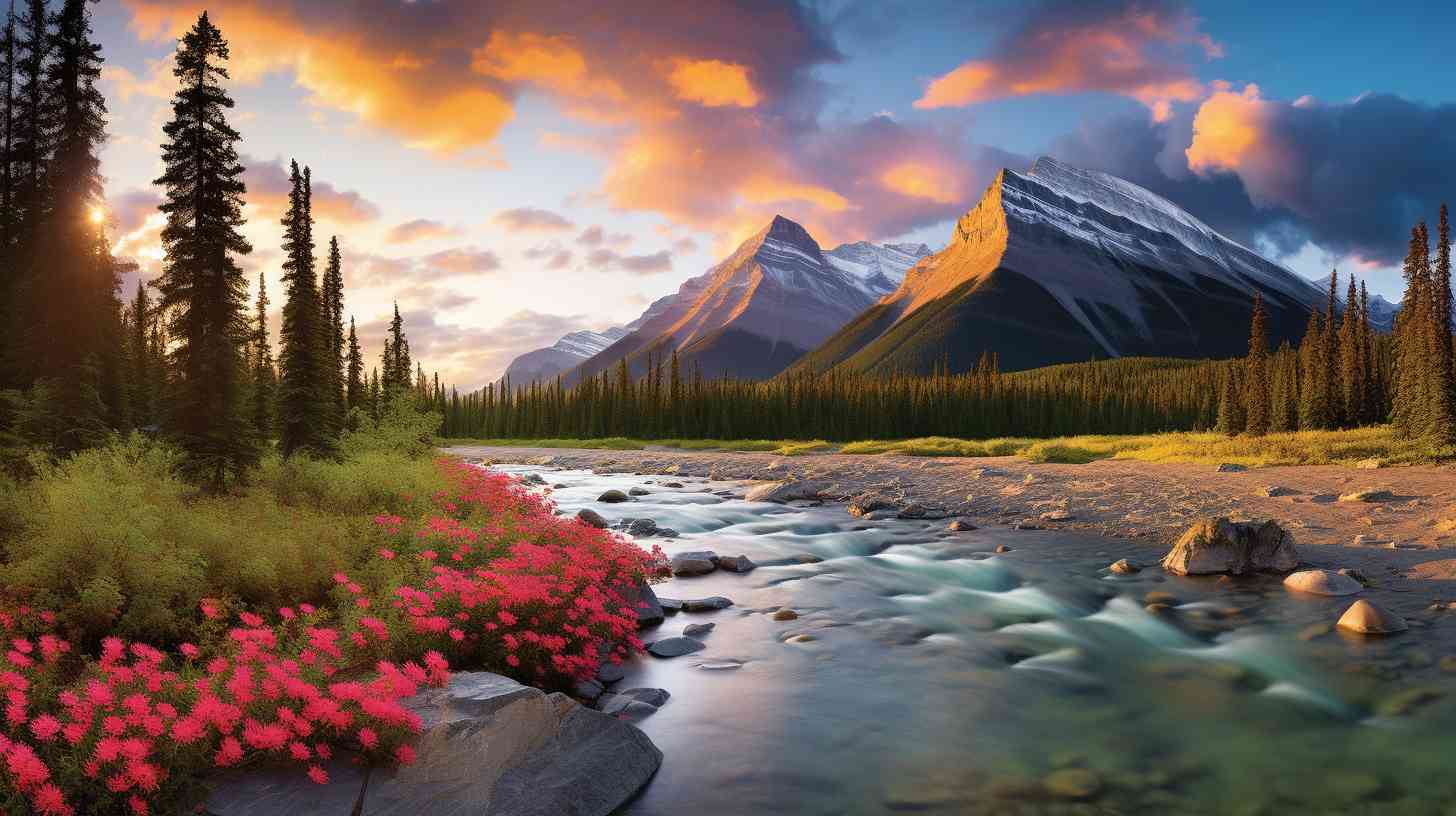 Serene landscape of Jasper National Park with vibrant wildflowers and towering pine trees. A calendar with a "Book Now" button highlighted, enticing readers to plan their camping adventure amidst the pristine wilderness.