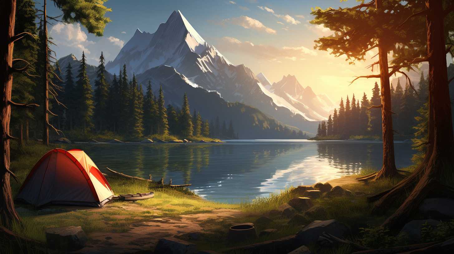 A serene forest landscape with a tent beside a pristine lake, as the sun sets behind towering mountains.