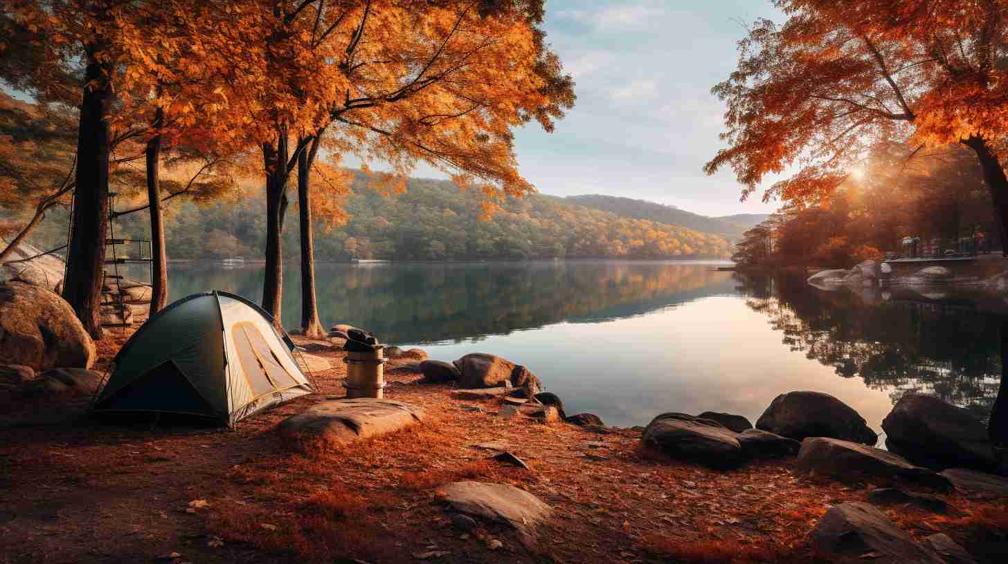 A tranquil campsite in a picturesque national park in NSW during autumn with colorful leaves gently falling.