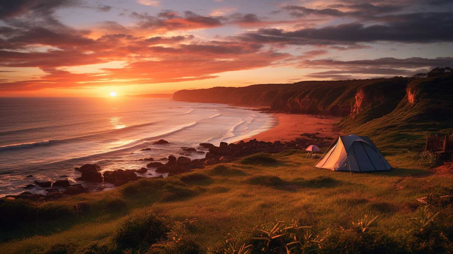 Vibrant sunrise over pristine New South Wales beach with camping tents nestled amidst lush coastal dunes