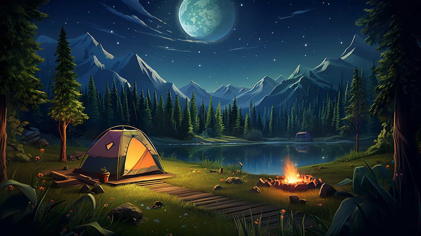 Family tent illuminated by campfire under starry sky in lush green campsite