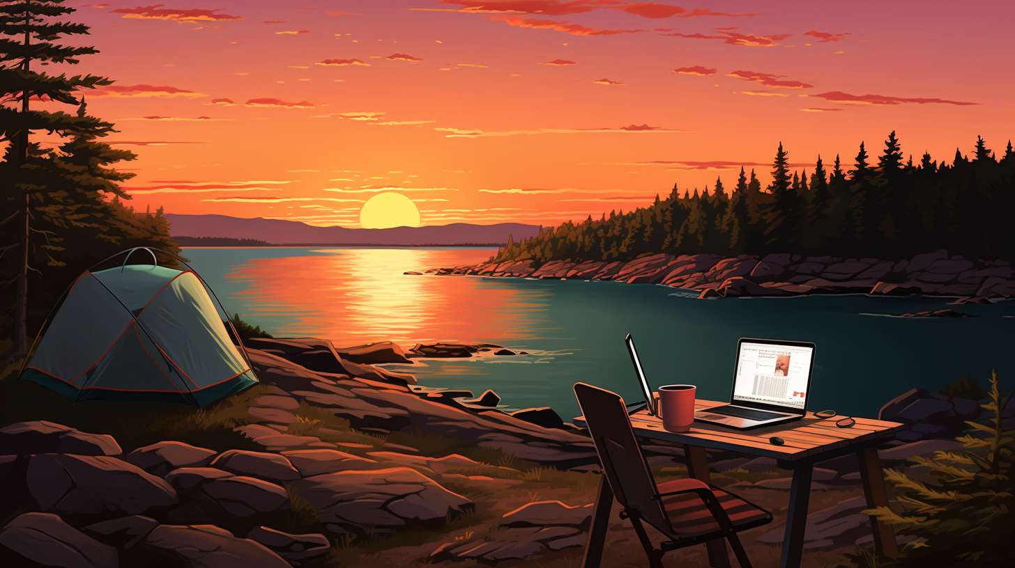 Campers making online reservations at a serene campsite in Acadia National Park.