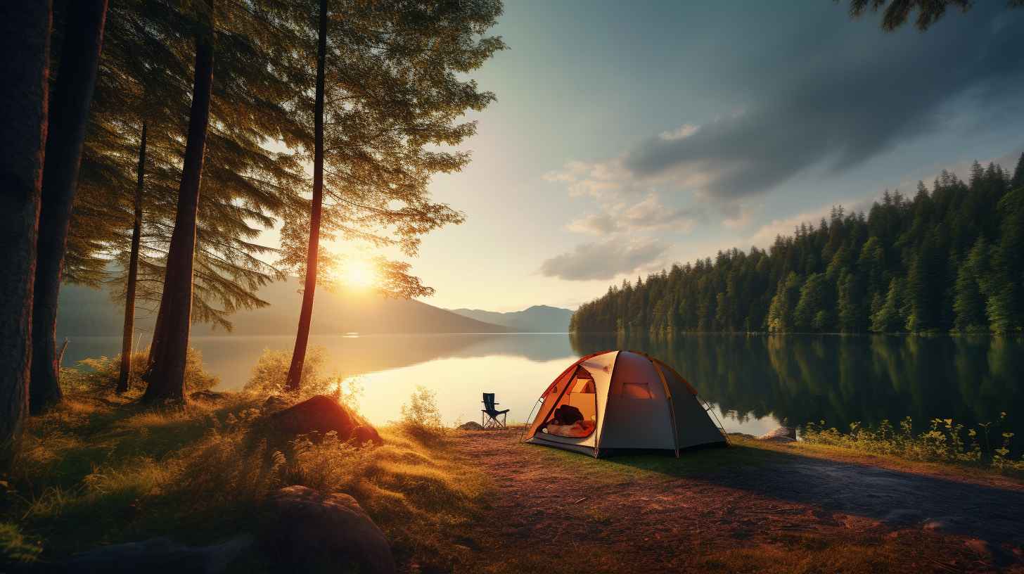 A serene lakeside campsite at dawn, with a tent blending with trees and Aldi camping essentials scattered across the site.