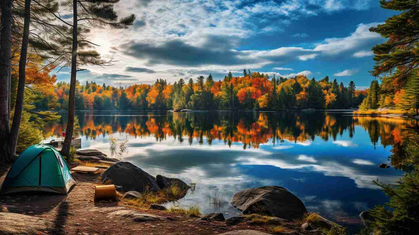 A serene Algonquin Park landscape with vibrant autumn foliage, a clear blue lake, and a cozy campsite nestled among tall pine trees.