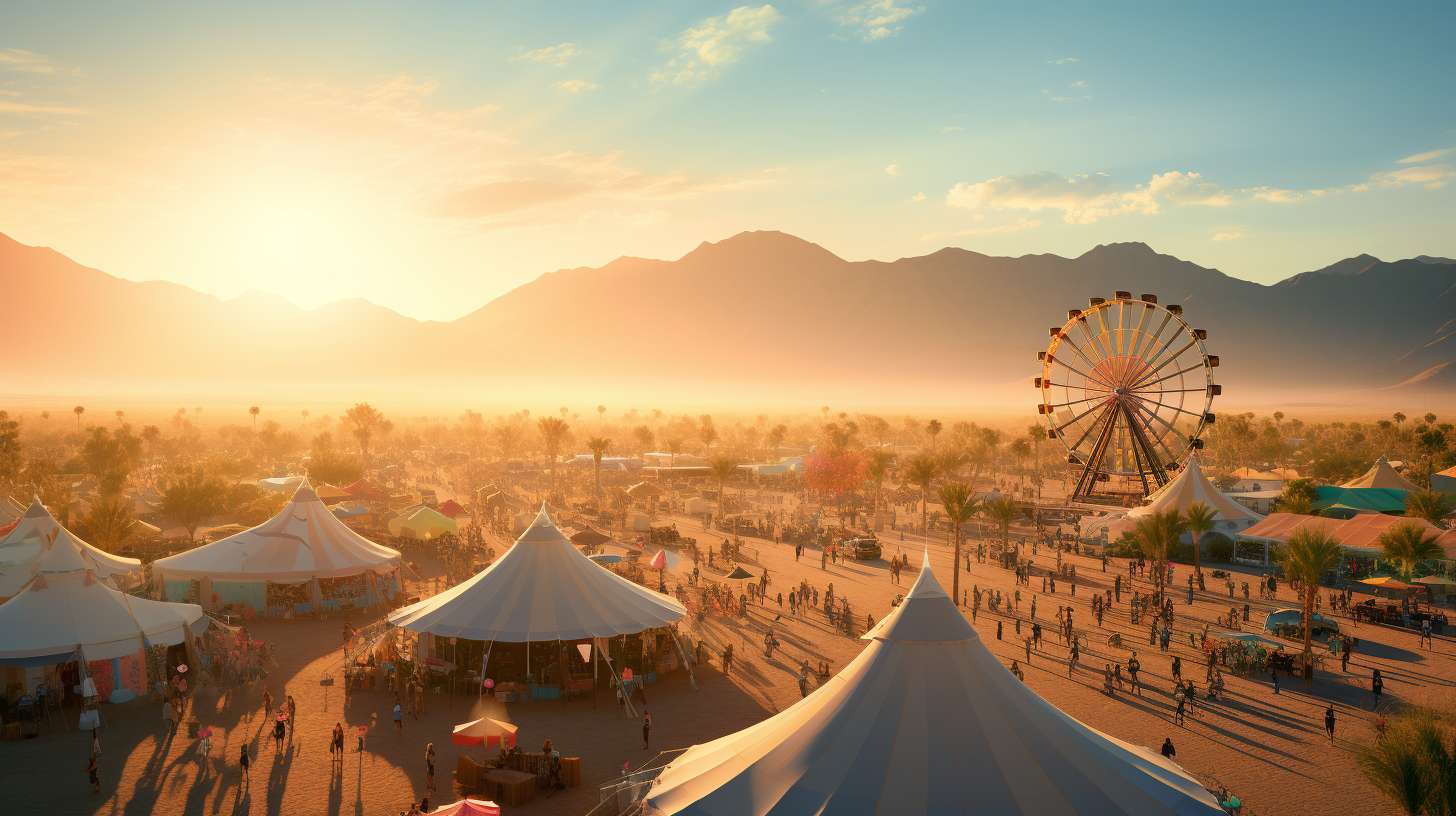 Panoramic view of the sun-kissed Colorado Desert horizon with vibrant tents and campfires, as festival-goers gather for Camping at Coachella.