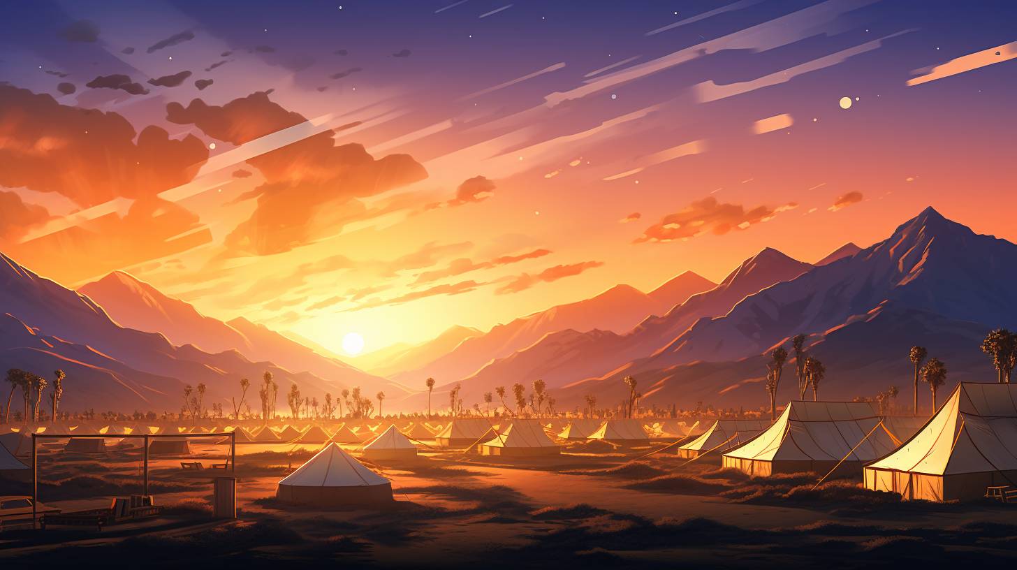 A serene desert landscape at dawn with colorful tents spread out in neat rows, illuminated by the first rays of sunlight breaking through the mountains.