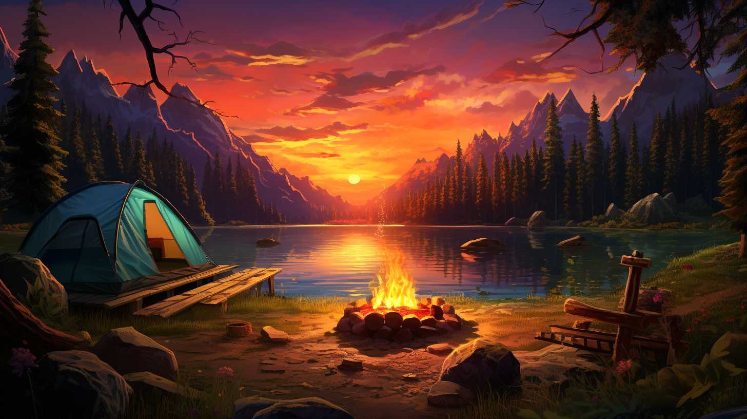 A vibrant sunrise over a lush green forest, with a family setting up tents near a serene lake, roasting marshmallows over a crackling campfire, and embracing the joy of nature.