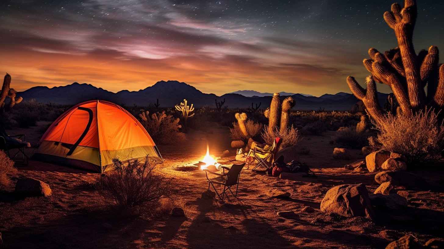 A mesmerizing view of desert camping in California, with towering cacti, sun-kissed sand dunes, and a star-studded night sky.