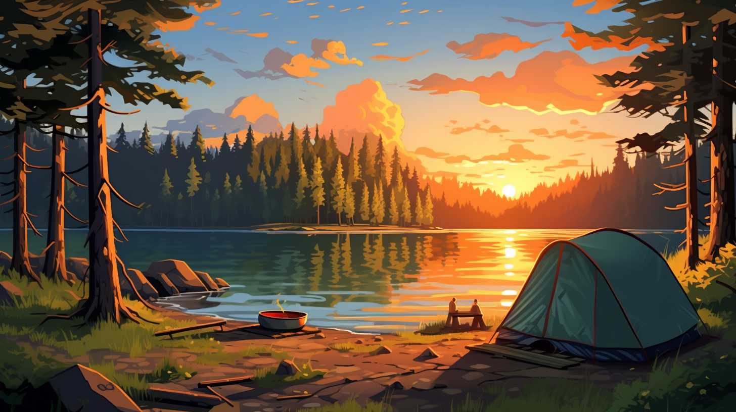 A serene lakeside scene with towering pine trees, a sparkling turquoise lake, a cozy campsite with a crackling fire, and a peeking tent.