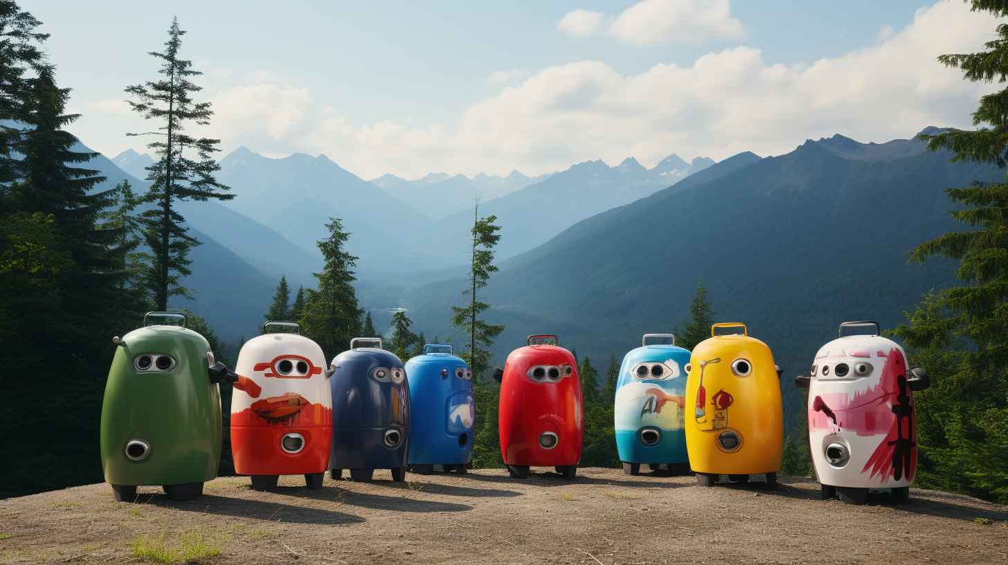 A diverse range of camping propane tanks being responsibly recycled at a designated collection point, surrounded by vibrant nature.