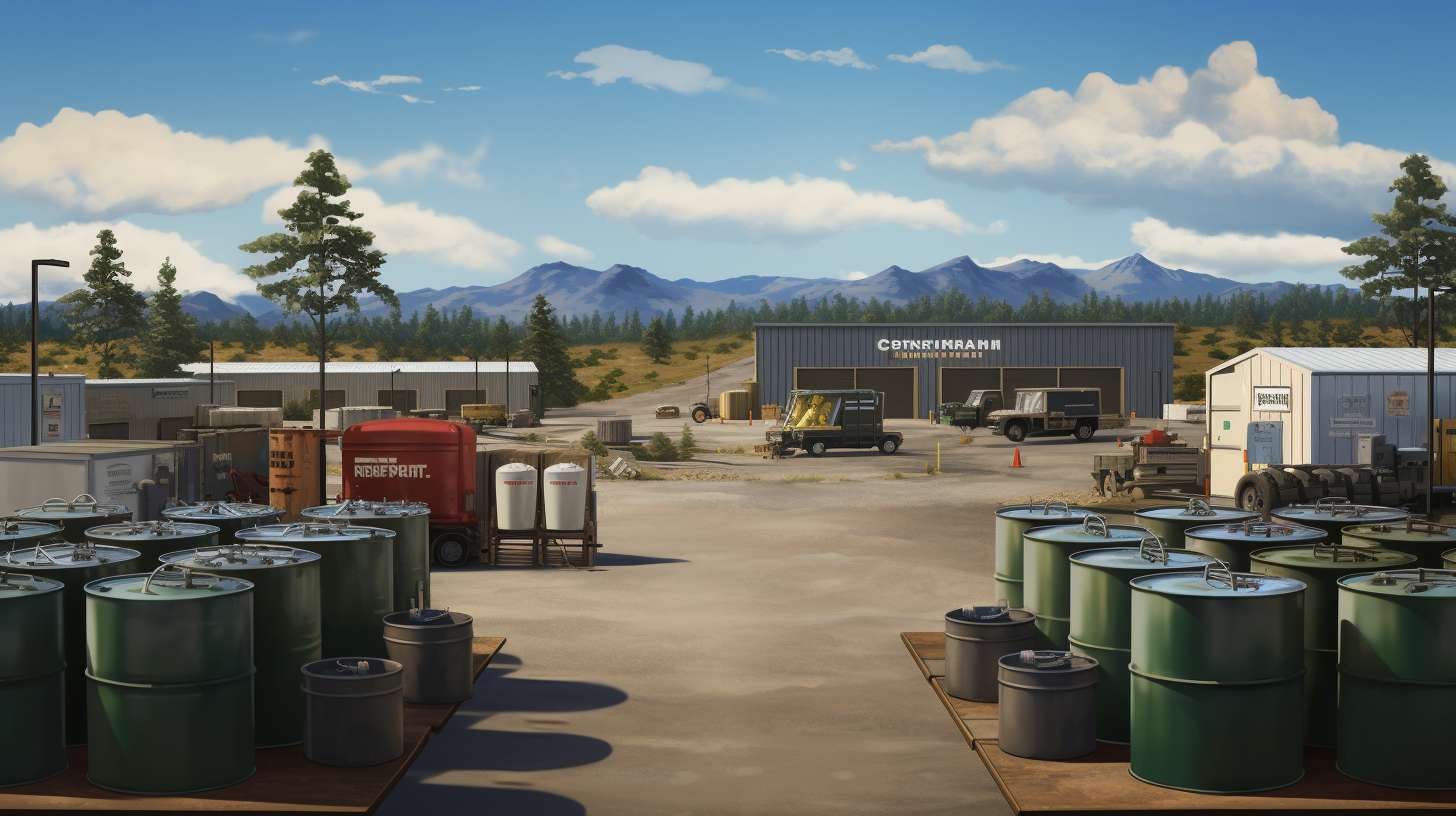 A sprawling outdoor landscape with a well-organized recycling center in the foreground. Multiple propane distributors are shown, accepting camping propane tanks for recycling.