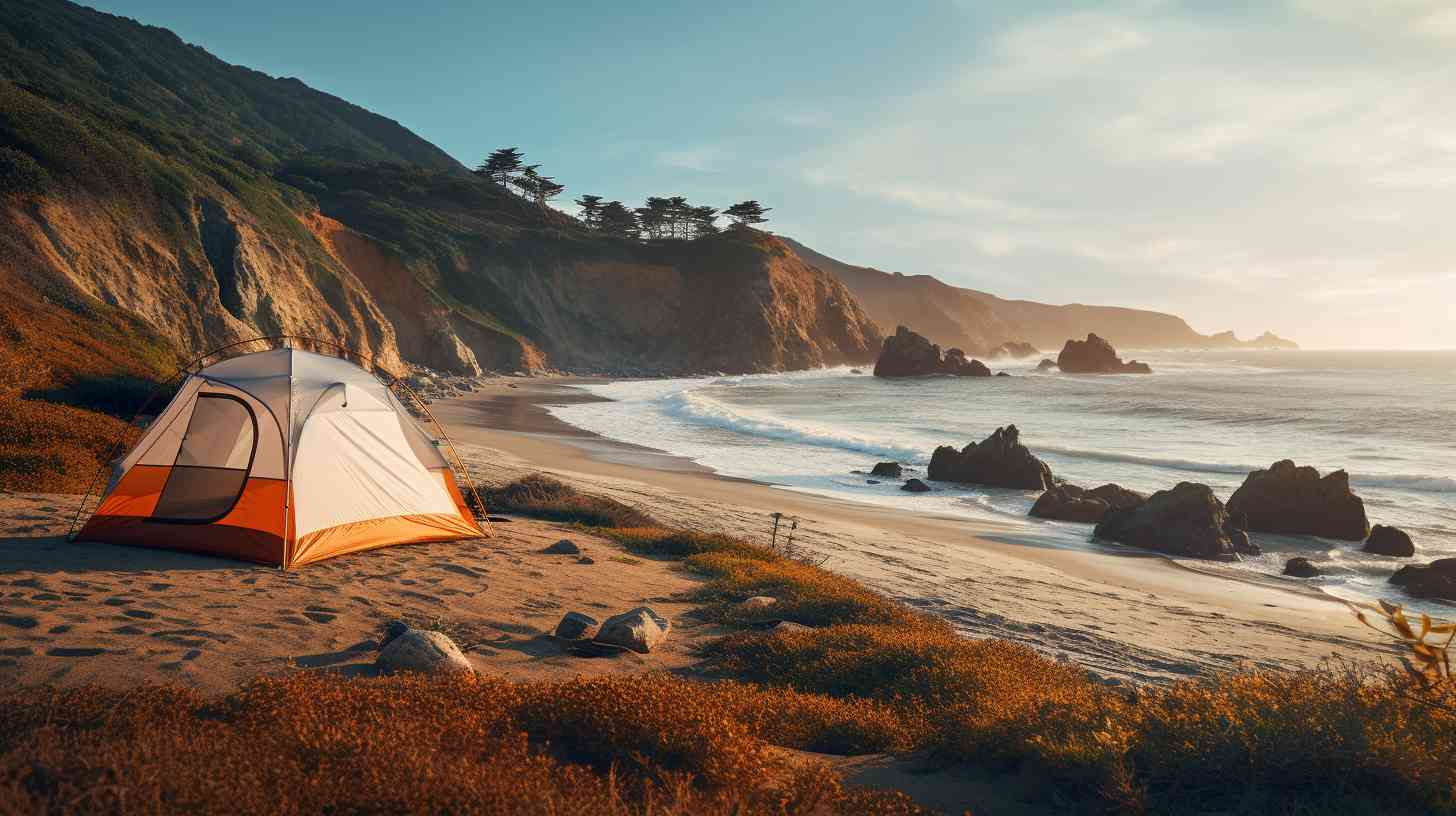 A serene beach campsite in California, with a cozy tent nestled among sand dunes, surrounded by tall cliffs and gentle waves crashing on the shore.