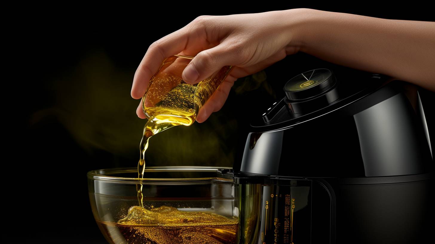 A hand pouring a small amount of oil into the designated oil compartment of an air fryer, with clear markings on the fryers exterior.