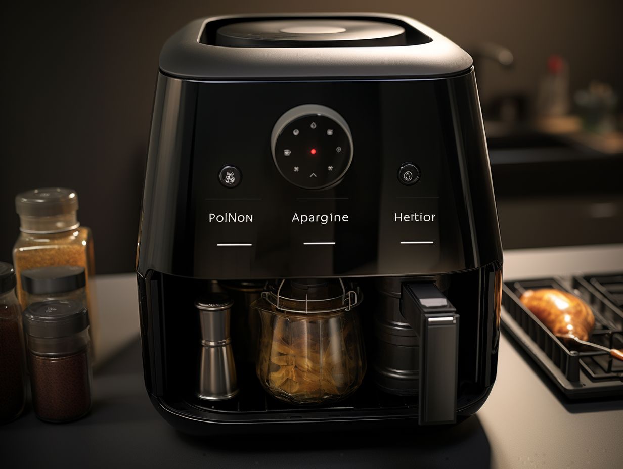 Close-up view of an air fryer with an arrow pointing to the clearly labeled oil compartment.