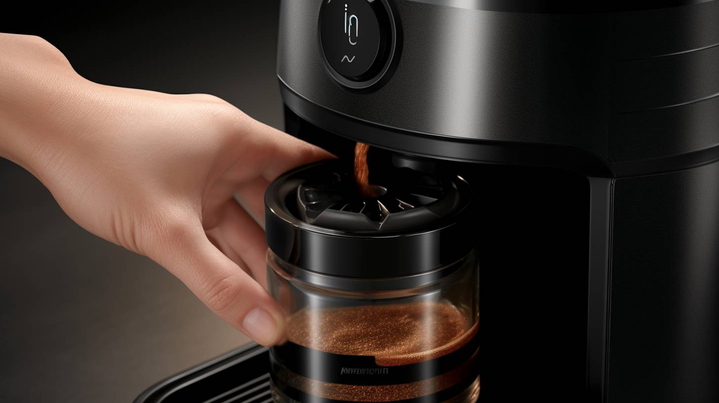 A hand pouring oil into the designated slot of an air fryer, with a transparent arrow pointing towards the slot.