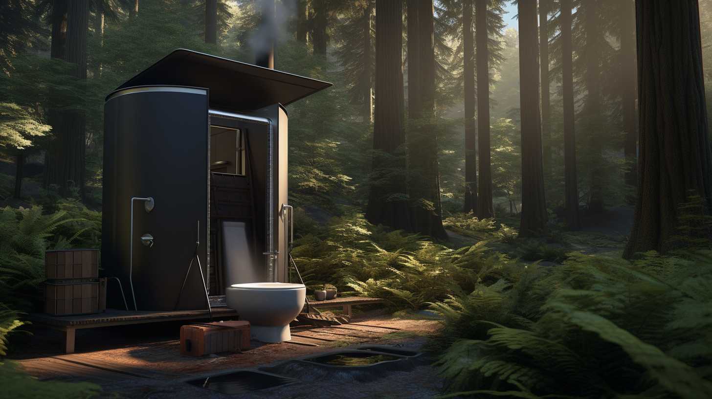 A serene campsite nestled amidst towering trees, with a discreet portable toilet tucked away in a secluded spot. The toilet is neatly designed, equipped with a sturdy seat, a detachable waste container, and a discreet privacy shelter.