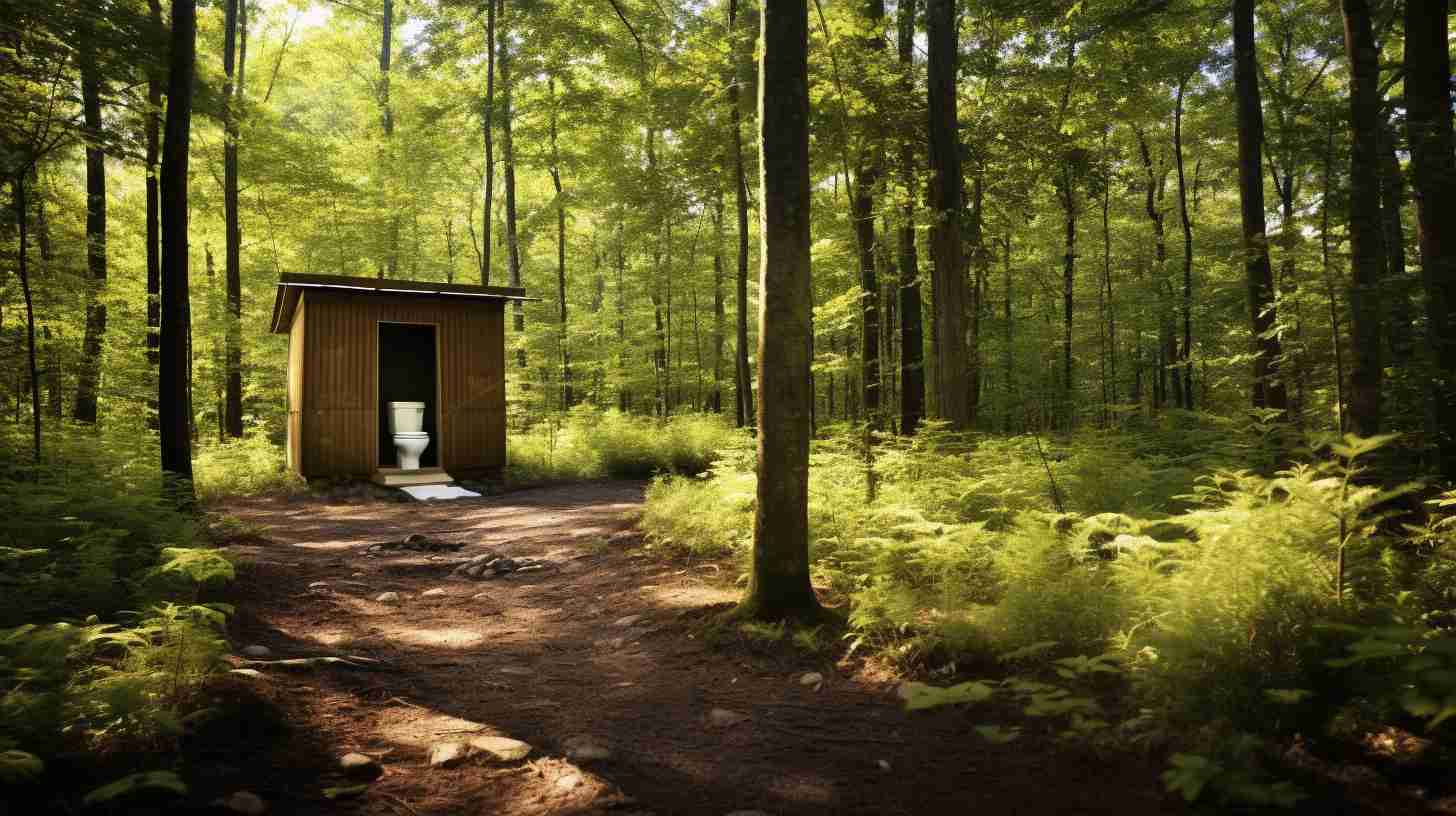 A serene and peaceful wooded area with a clearly marked trail leading to a well-maintained outhouse surrounded by tall trees, providing campers with a private and eco-friendly bathroom solution.