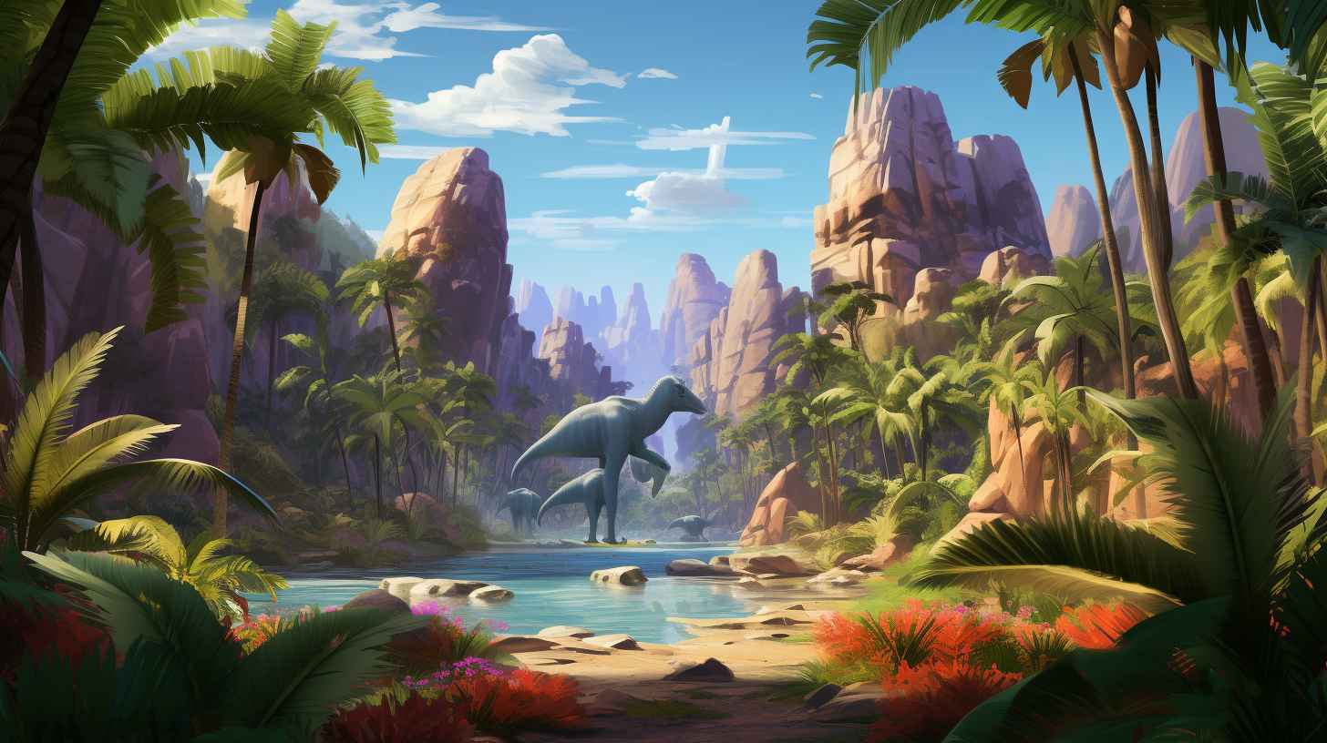 A lush jungle with towering palm trees, vibrant flowers, a hidden waterfall, surrounded by towering cliffs, and the distant roar of dinosaurs.