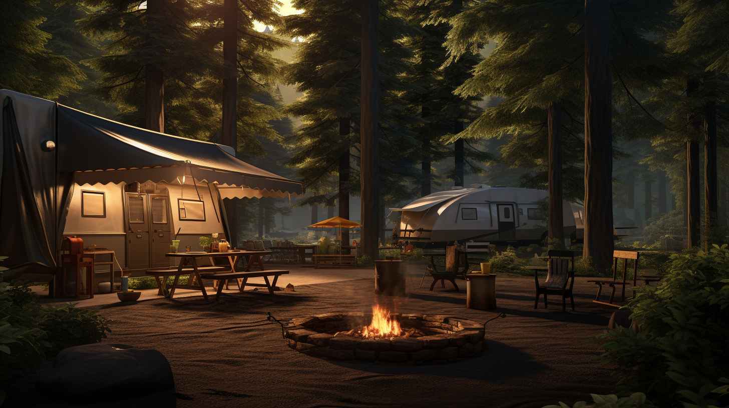 A serene campground nestled amidst lush greenery, featuring spacious campsites with fire pits, picnic tables, and clean restroom facilities.