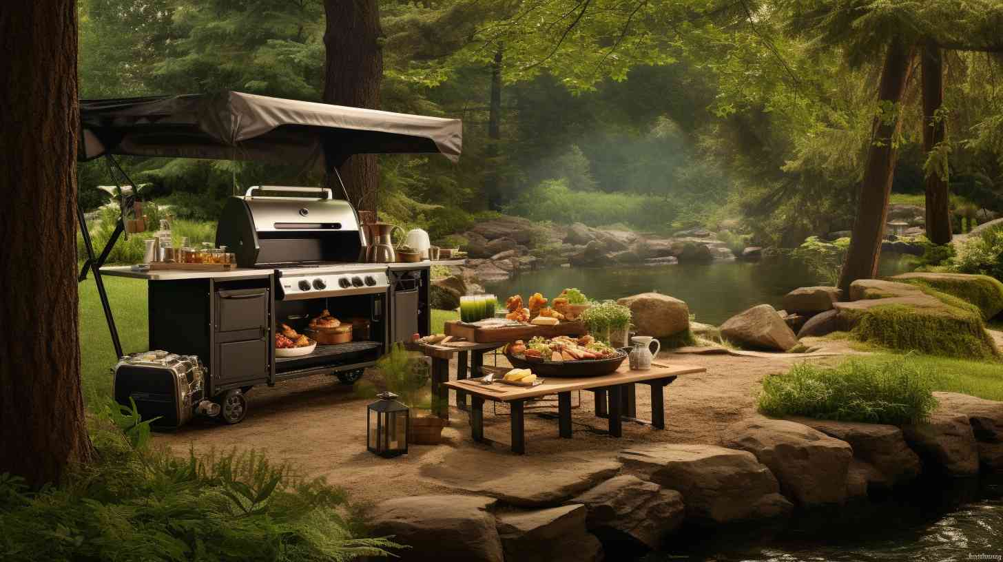 A serene campsite surrounded by lush greenery, with a compact and portable Blackstone grill at the center, perfect for outdoor cooking adventures.