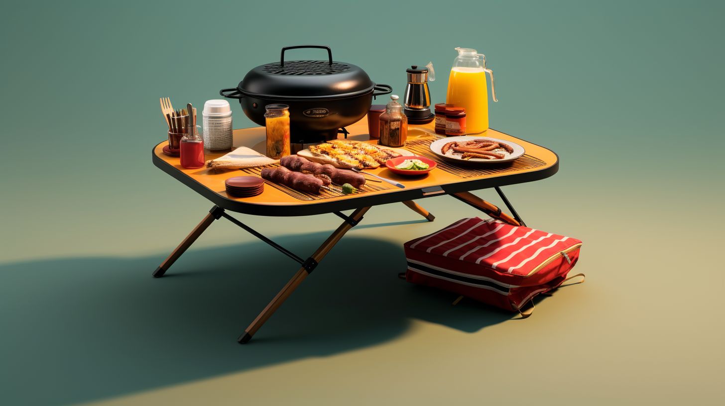 A well-equipped camping table with a portable Cadac grill, surrounded by a variety of recommended accessories like a griddle plate, pizza stone, and utensil set.