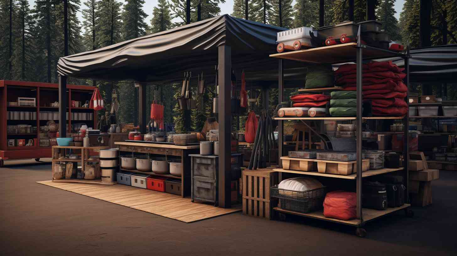 A bustling outdoor store with empty shelves where Camp Chef products should be, as customers frantically search for in-demand items during peak camping season.