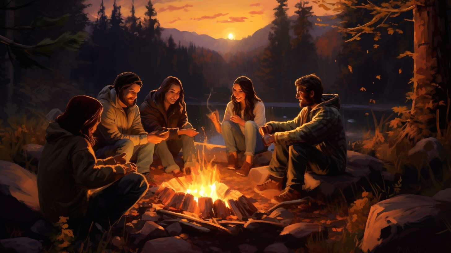 Friends huddled around a campfire at dusk, sharing stories and laughter.