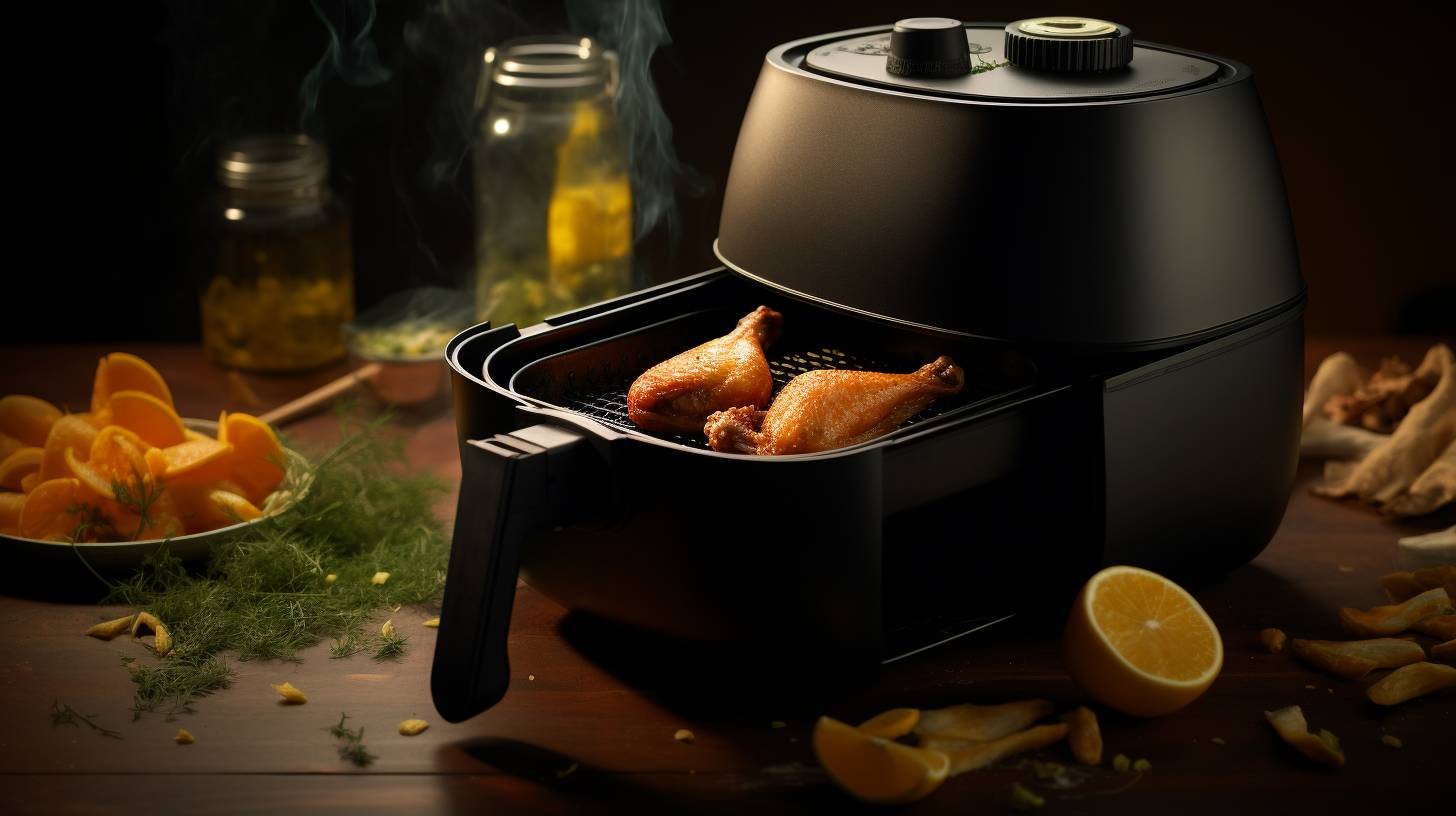 An open air fryer with a darkened, charred residue on the cooking tray emitting a pungent odor, contrasting with the clean exterior of the air fryer.