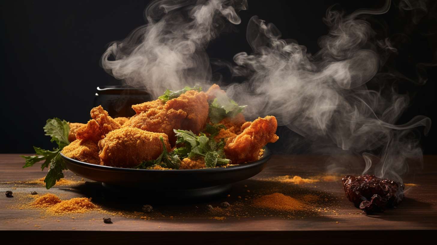 A photo of billows of smoke spiraling upwards from an air fryer, with the scent of charred oil, crispy fried food, and a hint of burnt residue in the air.