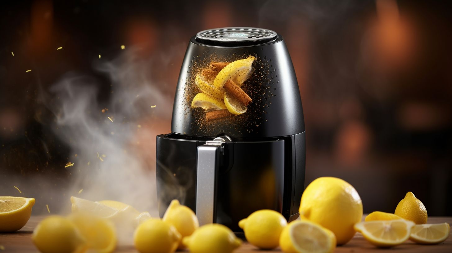 A sparkling clean air fryer with a fresh lemon cut in half, releasing a burst of citrusy aroma, ready for new culinary adventures.