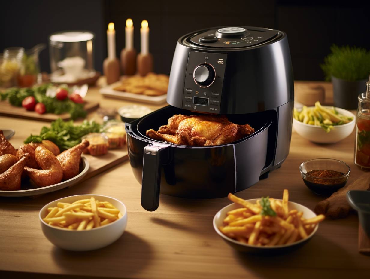 Two air fryers side by side, filled with a variety of food items including crispy fries, juicy chicken wings, grilled vegetables, and delectable desserts, showcasing the cooking capacity and versatility of Wonderchef Air Fryer and Philips Airfryer.