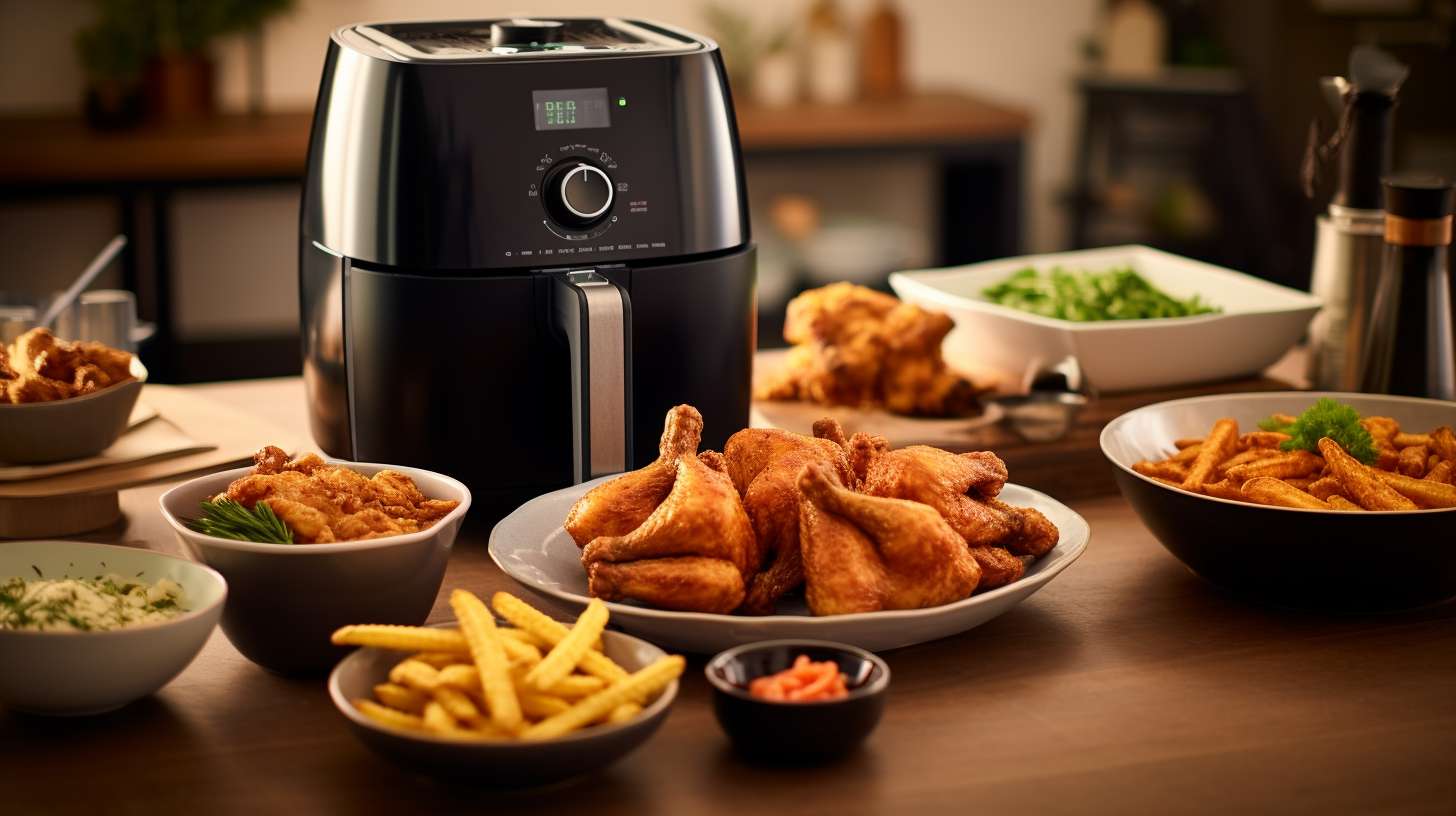 Two air fryers side by side, filled with crispy golden fries, perfectly cooked chicken wings, and evenly roasted vegetables, showcasing their cooking performance and efficiency through vibrant colors, textures, and mouth-watering details.