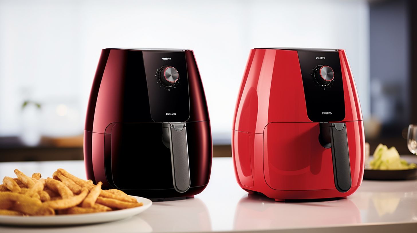 Two sleek air fryers side by side - the vibrant red Wonderchef Air Fryer and the elegant black Philips Airfryer, inviting readers to compare their contrasting features.