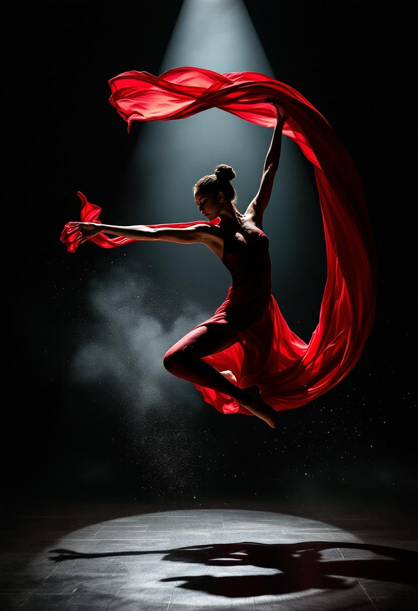 Contemporary dancer mid-leap in dark studio, crimson silk fabric spiralling thr…