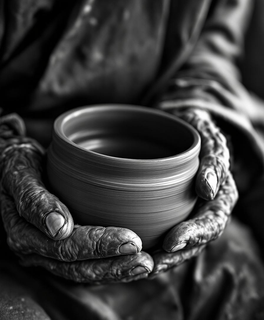 Close-up documentary portrait of elderly craftsman's weathered hands holding ha…