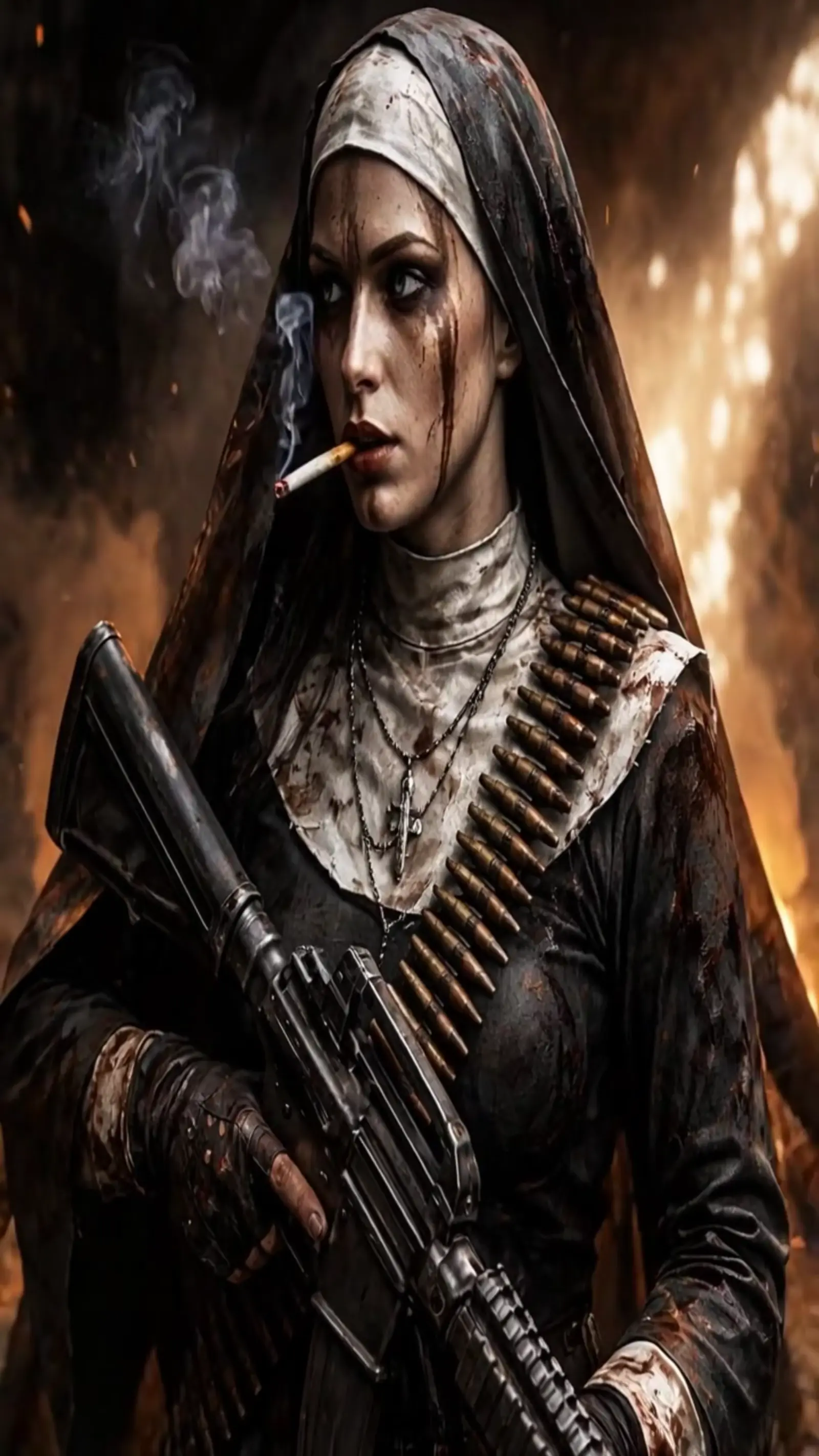 Nun smoking and shooting with a gun