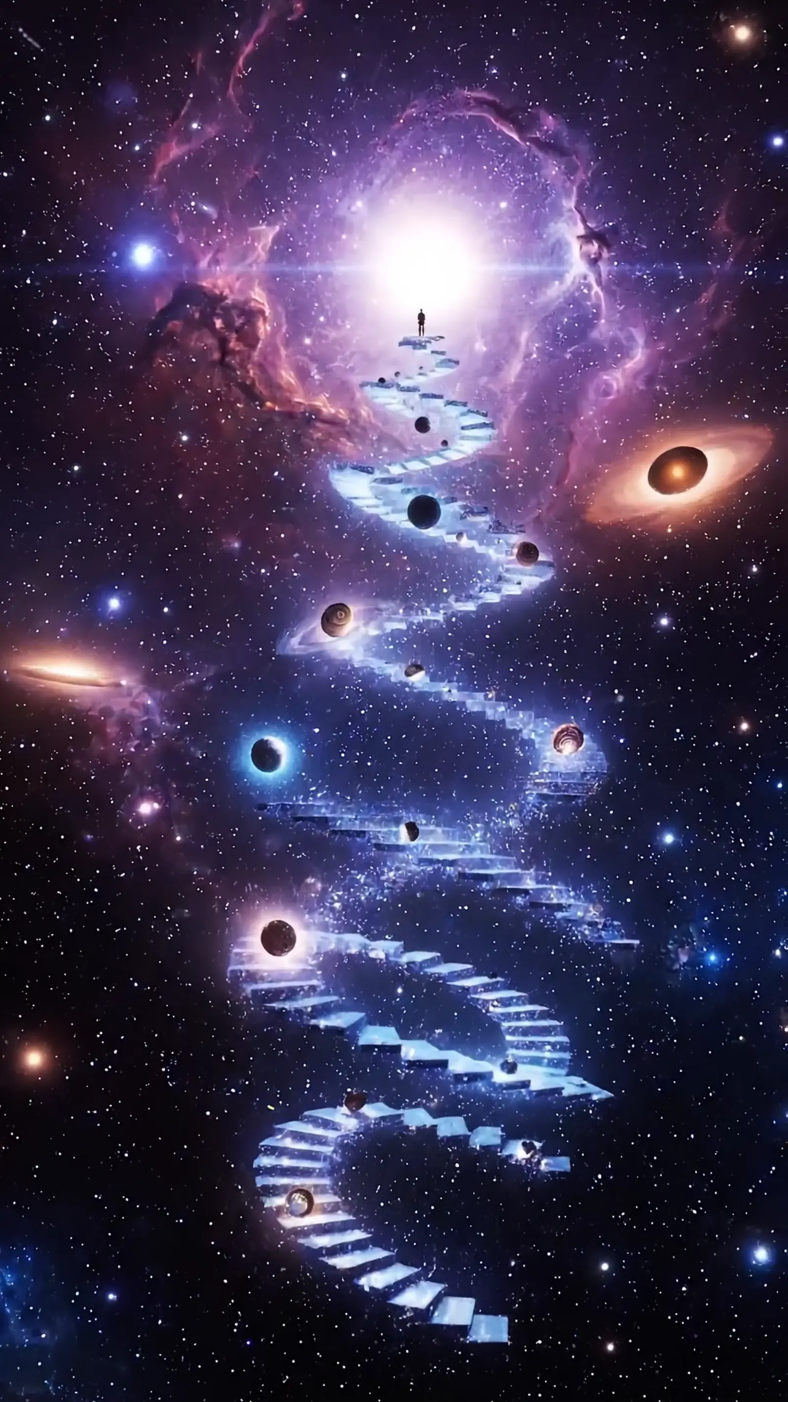 Spectacular impossible staircase spiraling through a nebula, each step a differ…