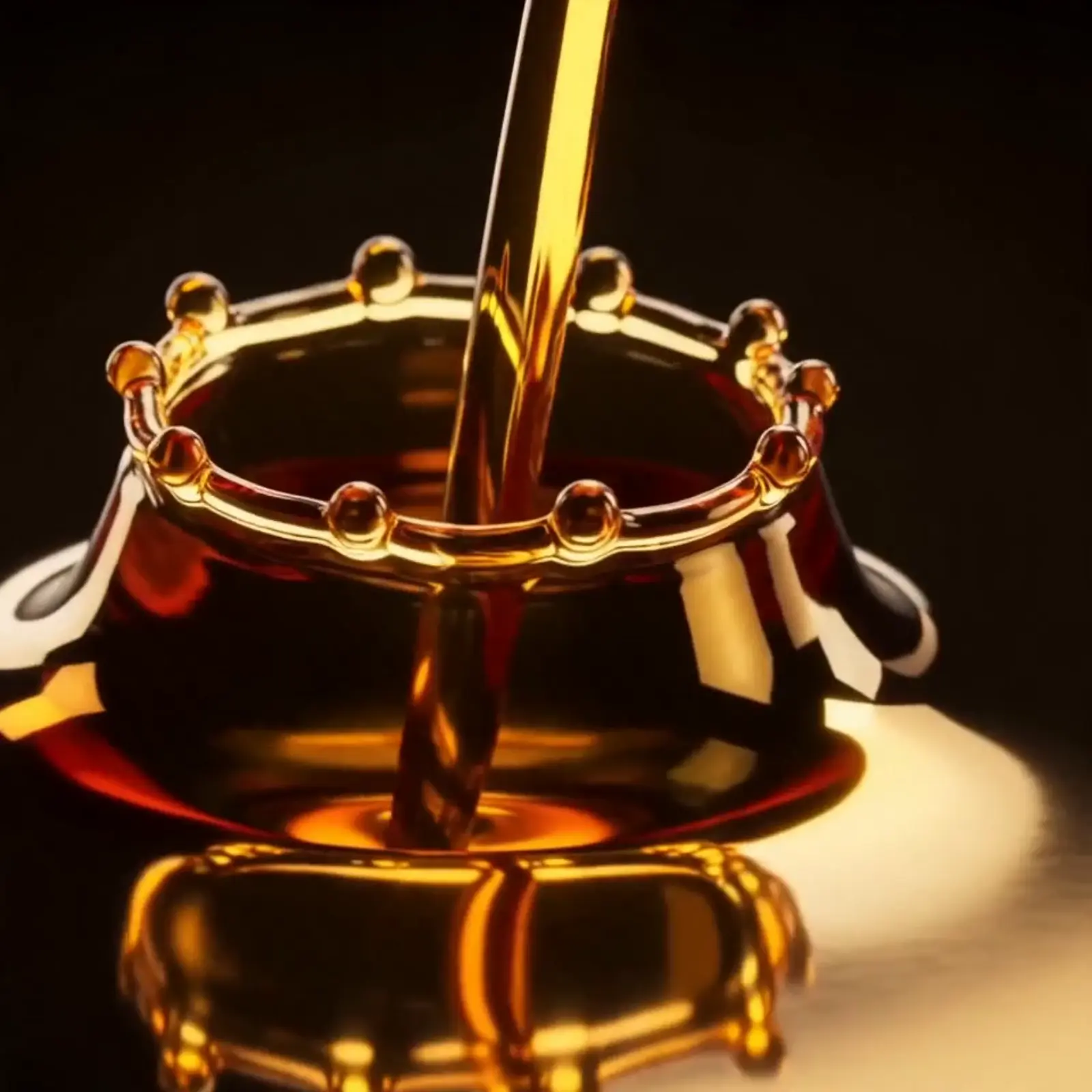 Liquid gold being poured in slow motion, ripples and reflections, deep yellow a…