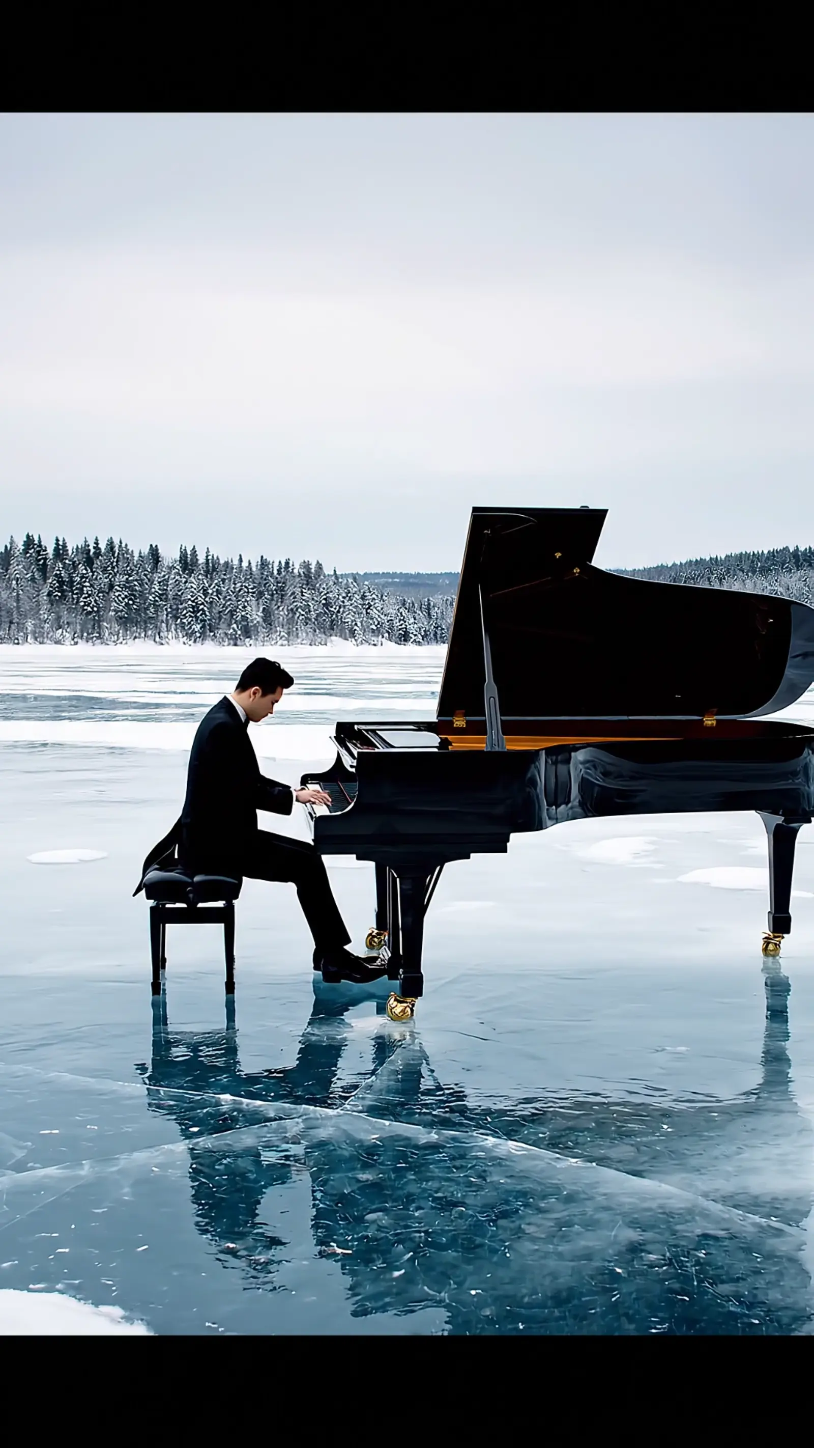 Grand piano on frozen lake, pianist playing, ice cracking beneath, underwater c…