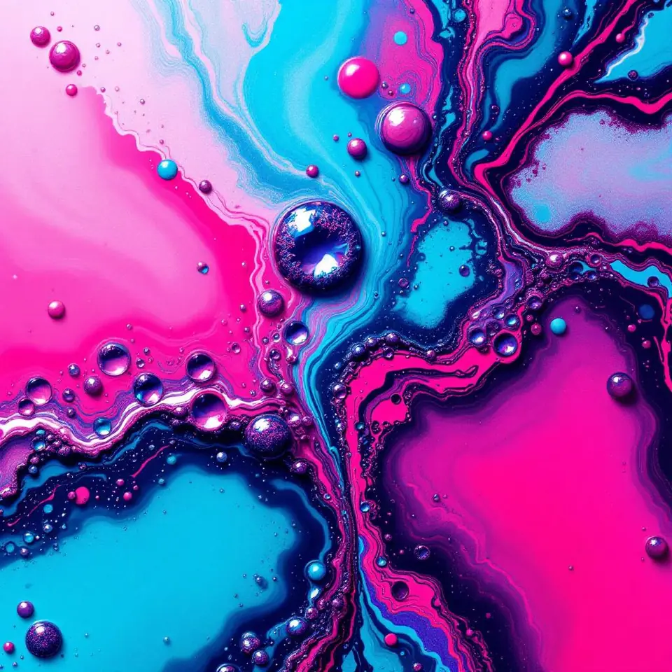 Macro of magenta and teal acrylic paint pour meeting on glass, organic cell pat…