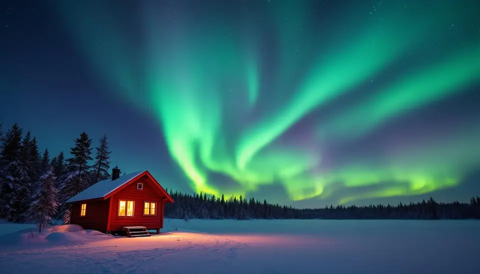 Small red wooden cabin on frozen Finnish lake beneath massive green-and-magenta…