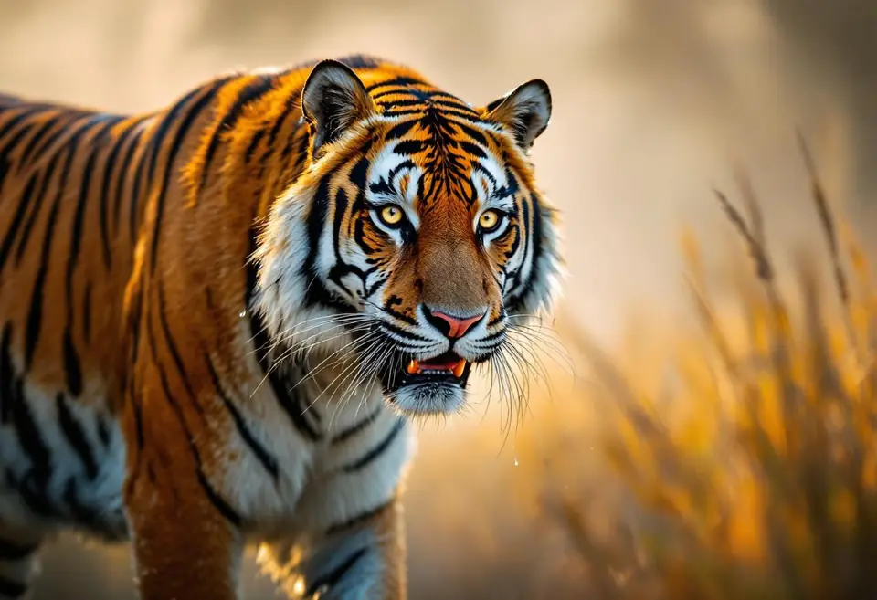 Wild Bengal tiger emerging from morning mist in Ranthambore, locked eye contact…