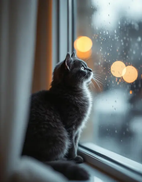 British shorthair cat perched on windowsill staring at rain droplets on glass,…