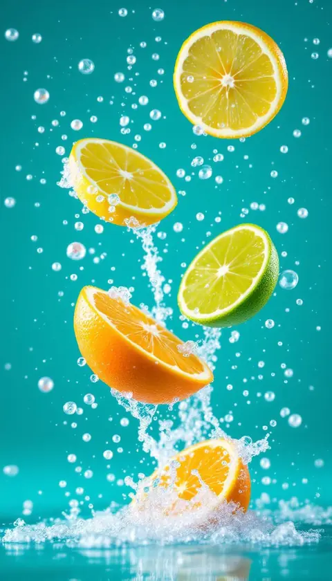 Half orange, lemon and lime dropped into carbonated sparkling water, bubbles ex…