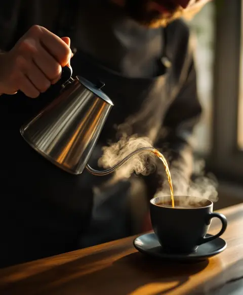 Third-wave barista pouring over V60 with precision kettle, coffee bloom capture…