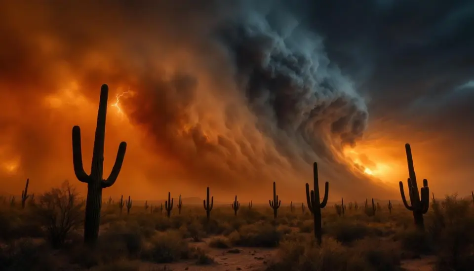 Massive haboob dust storm wall approaching across Arizona desert, saguaro cacti…