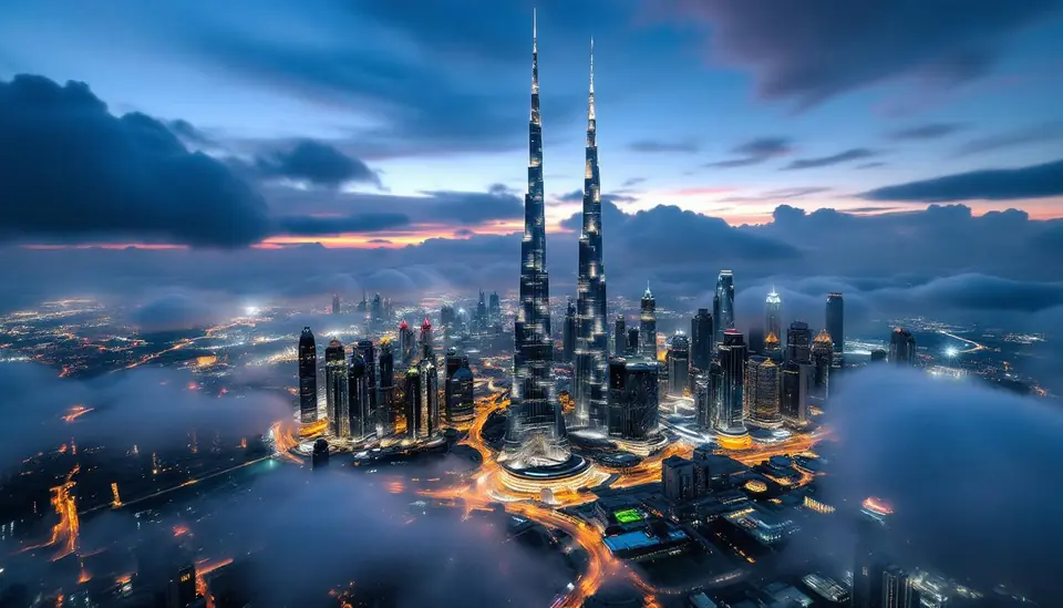 Dubai skyline at blue hour from helicopter altitude, Burj Khalifa piercing clou…
